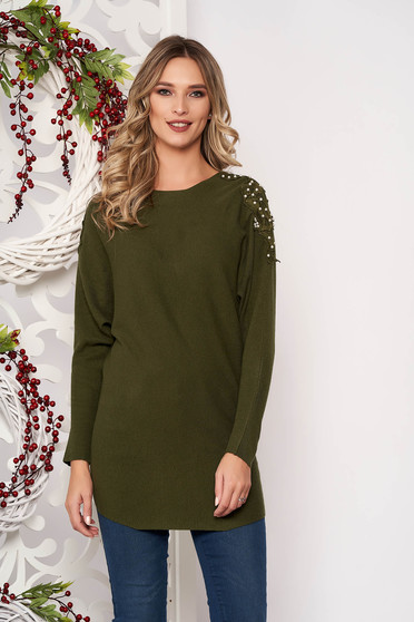 Pulover SunShine verde-inchis cu croi larg scurt din material tricotat cu aplicatii de dantela cu maneci lungi