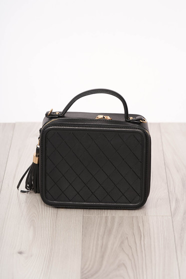 Geanta dama SunShine neagra material din piele ecologica accesorizata cu fermoar cu ciucuri cu manere scurte
