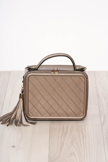 Geanta dama SunShine argintie din piele ecologica cu manere scurte cu ciucuri accesorizata cu fermoar