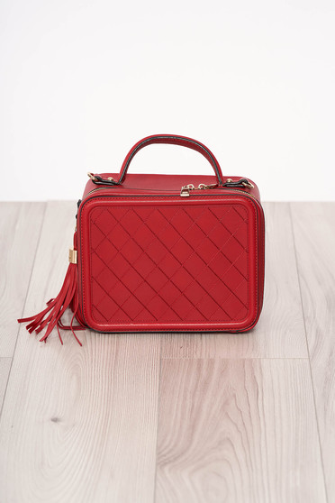 Geanta dama SunShine rosie din piele ecologica cu manere scurte cu ciucuri accesorizata cu fermoar