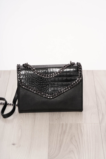 Geanta dama SunShine neagra din imitatie de piele de sarpe cu maner lung tip lantisor accesorizata cu fermoar