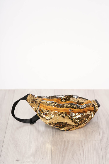 Geanta dama SunShine aurie cu aplicatii cu paiete accesorizata cu fermoar cu maner lung reglabil