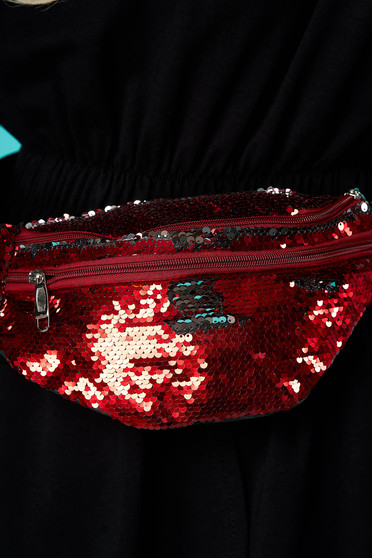 Bag red zipper accessory with sequin embellished details long, adjustable handle