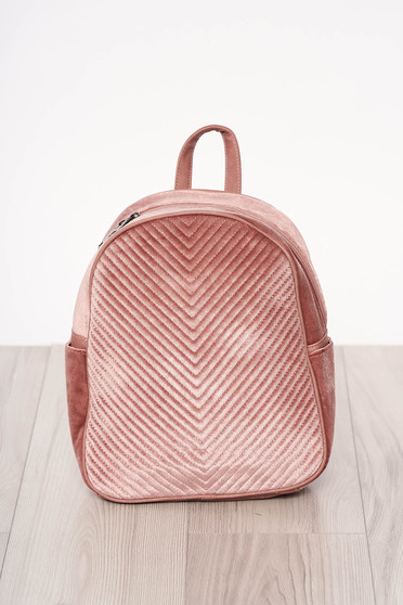 Rucsac SunShine roz din catifea accesorizat cu fermoar cu maner lung reglabil cu manere scurte