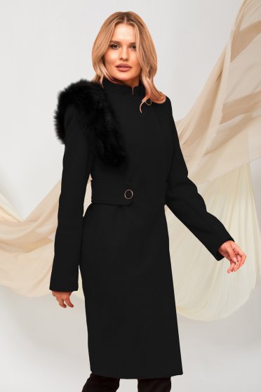 Palton din stofa negru cu insertii din blana ecologica si guler inalt - PrettyGirl