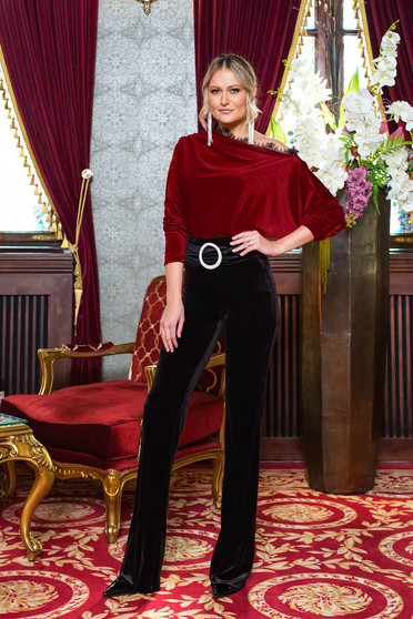 Pantaloni PrettyGirl negri de ocazie din catifea cu un croi drept si talie inalta