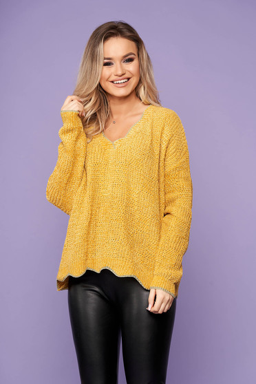Pulover SunShine mustariu scurt casual din tricot cu croi larg si decolteu in v