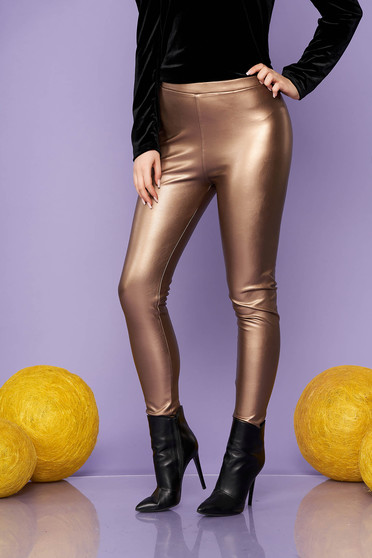 Colanti SunShine maro de party din imitatie de piele elastica si lucioasa cu elastic in talie