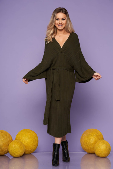 Rochie SunShine khaki midi de zi din material tricotat cu un croi drept cu decolteu in v si maneci largi