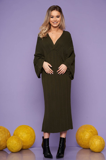 Rochie SunShine khaki midi de zi din material tricotat cu un croi drept cu decolteu in v si maneci largi