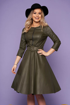 Khaki daily dress flaring cut ecological leather accessorized with belt