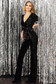 Black jumpsuit occasional from velvet with v-neckline wrap over front flared pants 3/4 sleeve 4 - StarShinerS.com