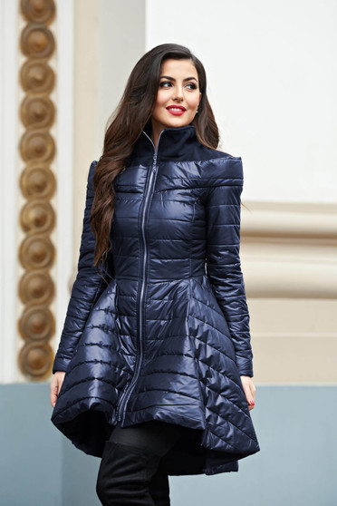 sales-jackets, Darkblue jacket casual midi from slicker asymmetrical flaring cut zipper fastening - StarShinerS.com