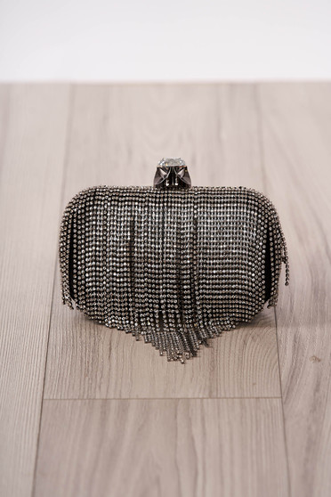 Geanta dama neagra de ocazie cu franjuri din pietre strass cu maner lung tip lantisor detasabil
