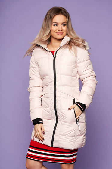 Geaca SunShine crem casual midi din fas cu buzunare cu gluga imblanita si inchidere cu fermoar