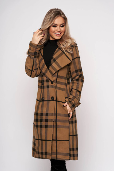 Trench SunShine maro office in carouri accesorizat cu nasturi cu buzunare laterale