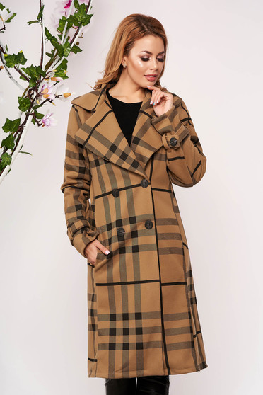 Trench SunShine maro office in carouri accesorizat cu nasturi cu buzunare laterale