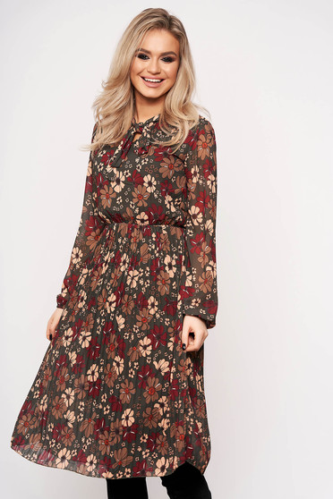 Rochie SunShine khaki de zi cu imprimeuri florale care se leaga cu fundita la gat si are elastic in talie