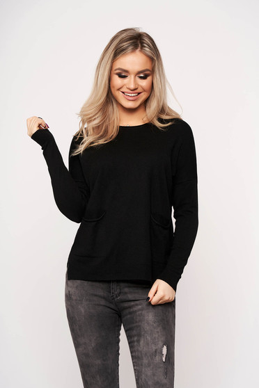 Bluza dama SunShine neagra casual din tricot subtire cu buzunare in fata cu guler rotunjit