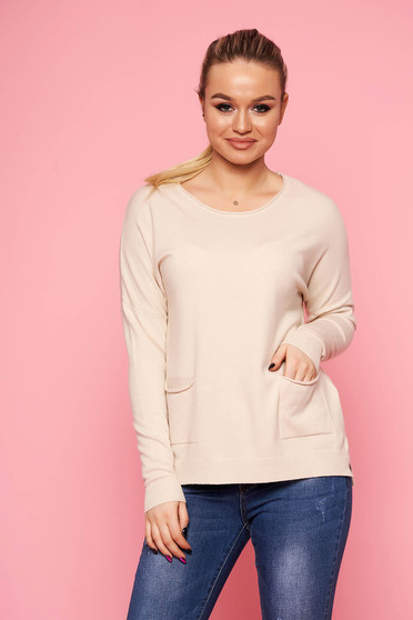 Bluza dama SunShine ivoire casual din tricot subtire cu buzunare in fata cu guler rotunjit
