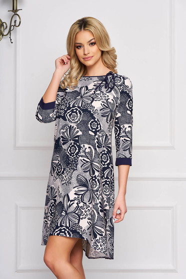 Rochie StarShinerS albastru-inchis de zi din scuba cu maneci trei-sferturi accesorizata cu o fundita fara captuseala