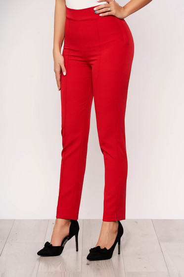 Pantaloni StarShinerS rosii office conici din stofa elastica cu talie inalta si buzunare