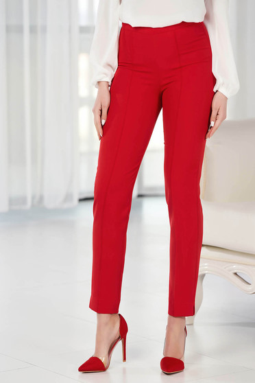 Pantaloni skinny, marimea XL, Pantaloni StarShinerS rosii office conici din material usor elastic cu talie inalta - StarShinerS.ro