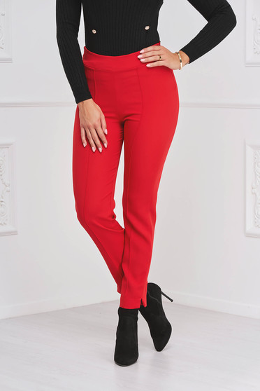 Pantaloni cu talie inalta rosu, Pantaloni din stofa elastica rosii lungi conici cu talie inalta - StarShinerS - StarShinerS.ro
