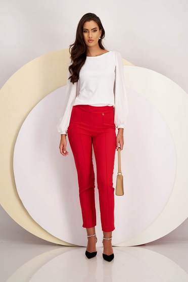 Tinute office dama , Pantaloni din stofa usor elastica rosii conici cu talie inalta - StarShinerS - StarShinerS.ro