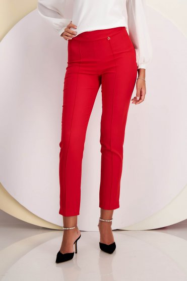 Pantaloni Dama  conici, Pantaloni din stofa usor elastica rosii conici cu talie inalta - StarShinerS - StarShinerS.ro