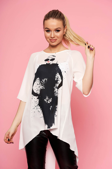 Blouses & Shirts, StarShinerS white women`s blouse elegant long from veil asymmetrical flared with graphic details - StarShinerS.com