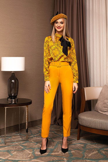 Pantaloni PrettyGirl mustarii office conici cu talie inalta cu accesoriu tip curea