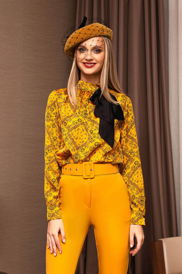 Bluza dama PrettyGirl mustarie office cu guler rotund si fundita