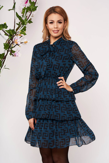 Rochie SunShine albastra scurta de zi din material vaporos in clos captusita pe interior cu elastic in talie si volanase