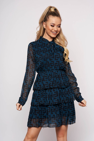 Rochie SunShine albastra scurta de zi din material vaporos in clos captusita pe interior cu elastic in talie si volanase