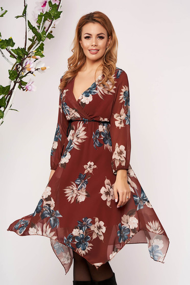 Rochie SunShine caramizie scurta eleganta asimetrica in clos din voal cu decolteu in v cu maneci trei-sferturi si imprimeu floral
