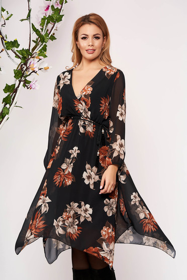 Rochie SunShine maro scurta eleganta asimetrica in clos din voal cu decolteu in v cu maneci trei-sferturi si imprimeu floral