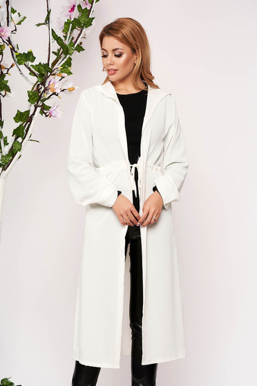 Cardigan SunShine ivoire elegant din material vaporos cu maneci lungi si gluga nedetasabila