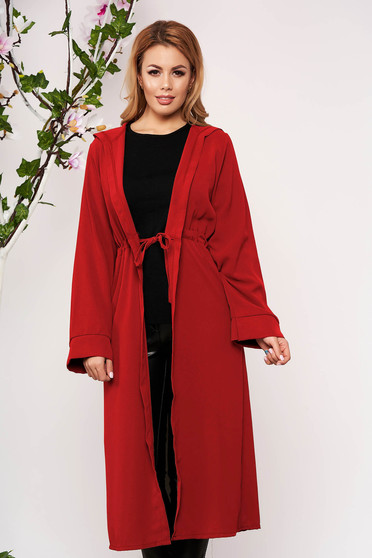 Cardigan SunShine rosu elegant din material vaporos cu maneci lungi si gluga nedetasabila