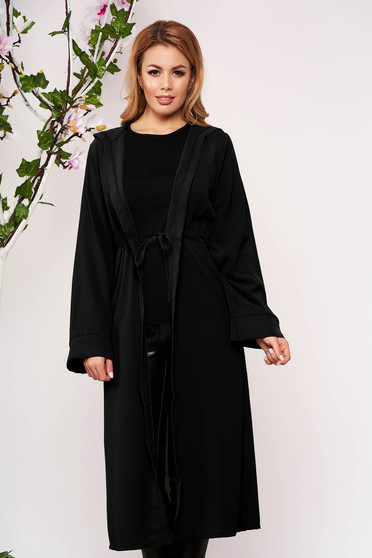 Cardigan SunShine negru elegant din material vaporos cu maneci lungi si gluga nedetasabila
