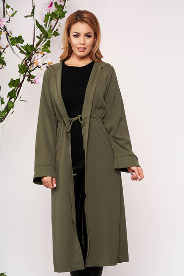 Cardigan SunShine khaki elegant din material vaporos cu maneci lungi si gluga nedetasabila