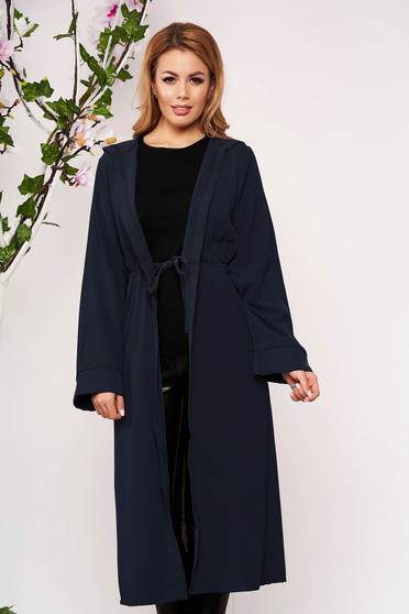 Cardigan SunShine albastru-inchis elegant din material vaporos cu maneci lungi si gluga nedetasabila