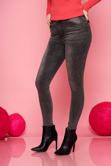 Blugi SunShine gri inchis casual din denim usor elastic cu un croi mulat si mici rupturi de material