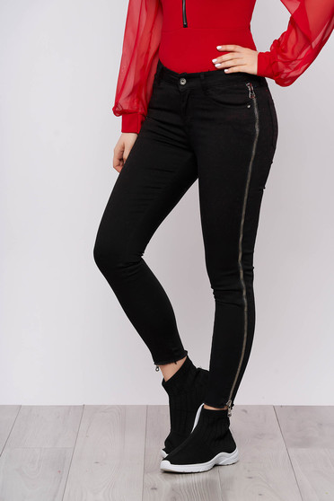 Blugi SunShine negri casual din denim cu talie medie si inchidere cu fermoar si nasture