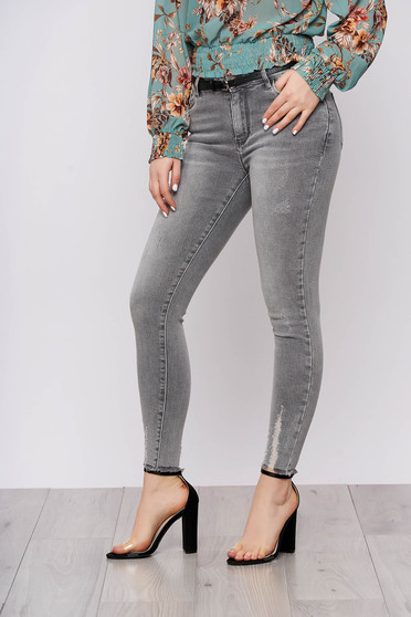 Blugi SunShine gri casual din denim cu un croi mulat cu talie medie si mici rupturi de material