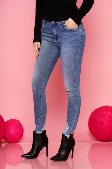 Blugi SunShine albastri casual din denim stretch cu talie medie cu rupturi si buzunare