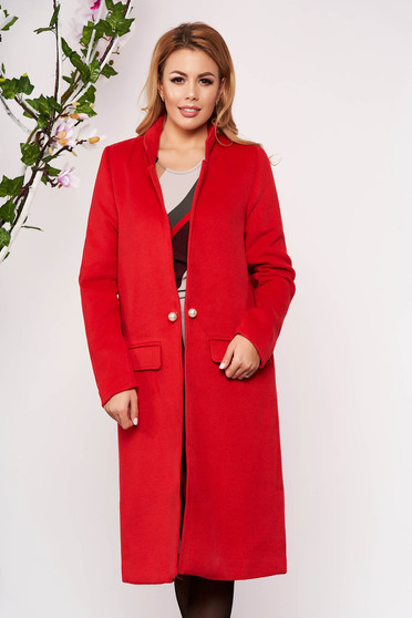 Trench SunShine rosu elegant lung din lana cu un croi drept cu buzunare false captusit pe interior