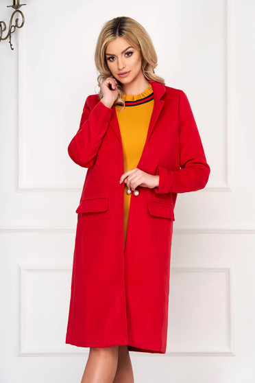 Trench SunShine rosu elegant lung din lana cu un croi drept cu buzunare false captusit pe interior