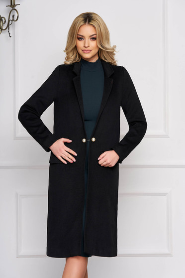 Trench SunShine negru elegant lung din lana cu un croi drept cu buzunare false captusit pe interior