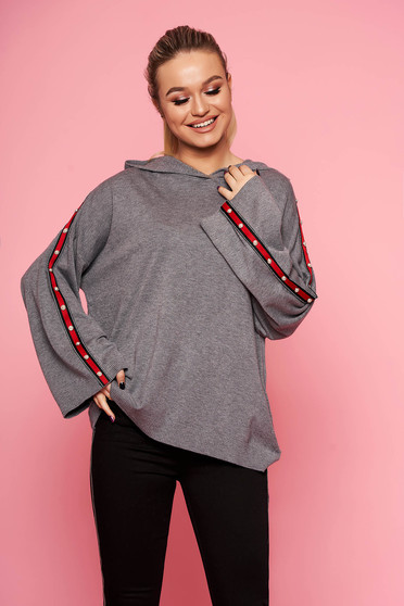 Pulover SunShine gri casual tricotat cu croi larg cu gluga nedetasabila fara captuseala